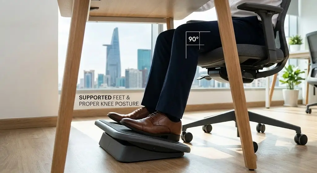Under-desk ergonomic footrest supporting feet with proper knee posture