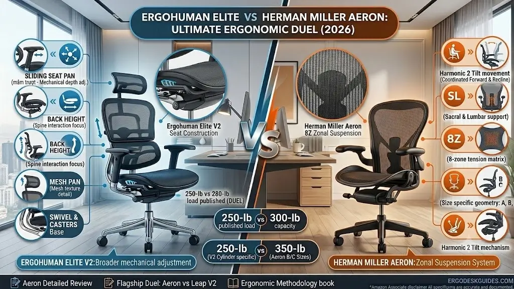 Ergohuman Elite V2 mesh seat pan compared to Herman Miller Aeron 8Z Pellicle zonal suspension