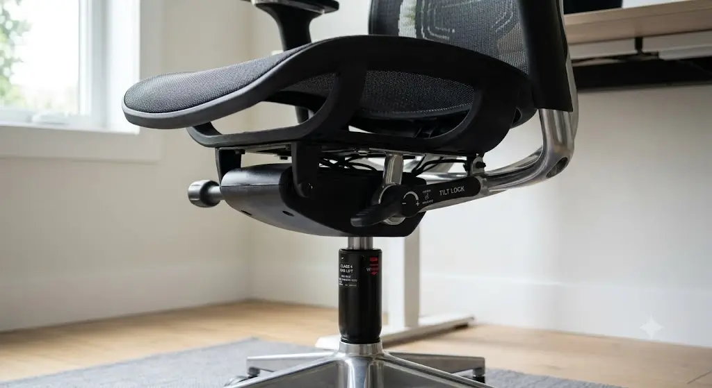 Pneumatic gas cylinder and recline tilt mechanism underneath an ergonomic office chair