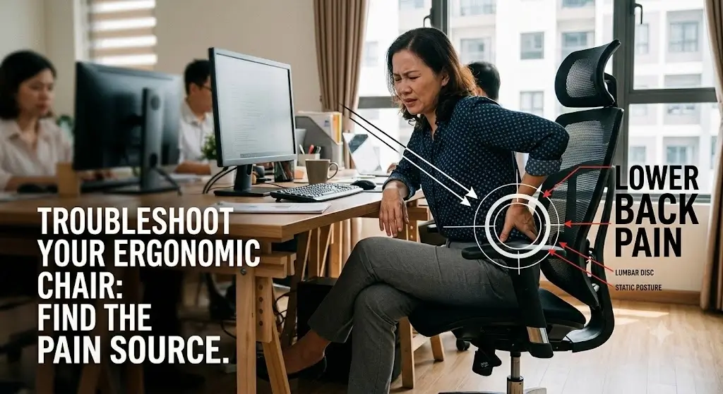 Person experiencing lower back pain while sitting in an ergonomic office chair