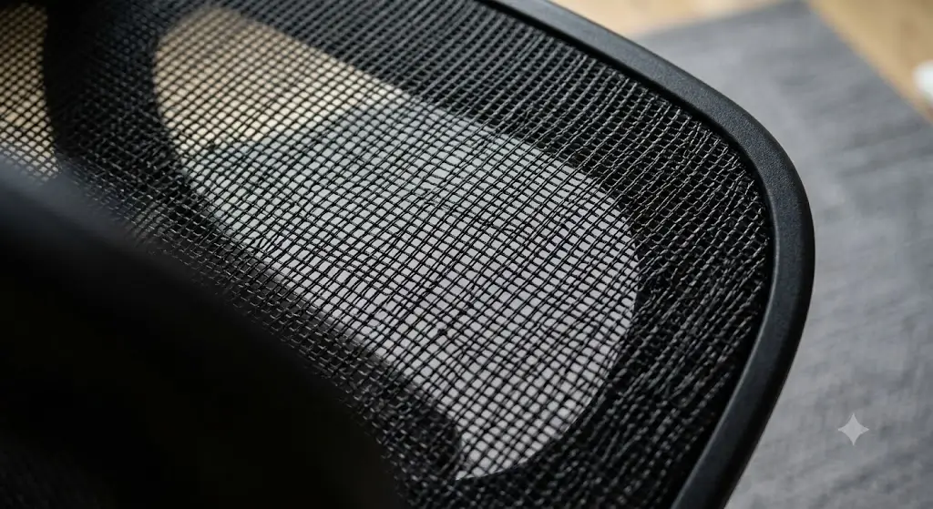 Close-up of high-tension breathable elastomer mesh weave on an ergonomic office chair