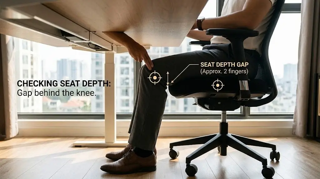 Checking proper seat depth with two fingers gap behind the knee