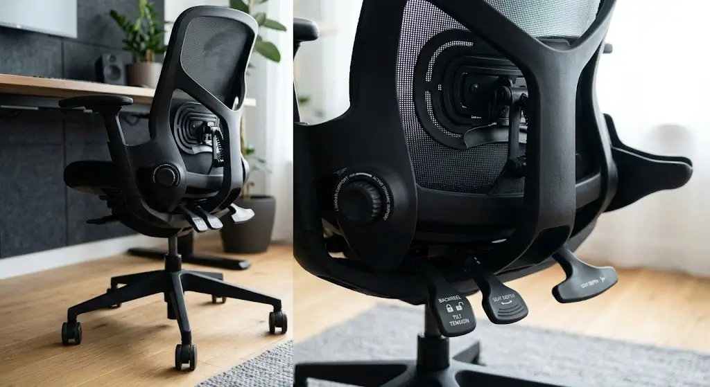 Ergonomic chair adjustment levers and dynamic lumbar controls