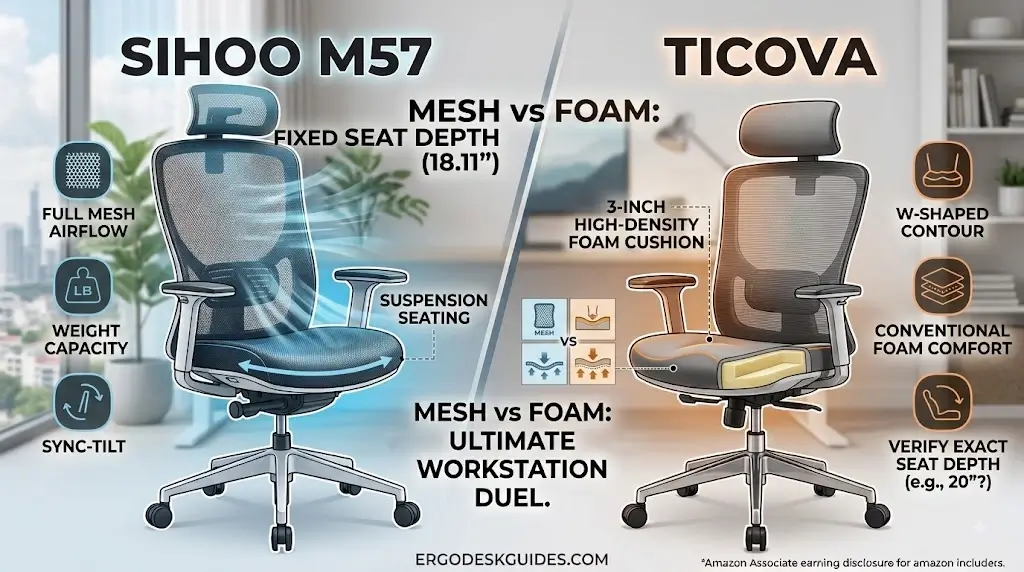 Sihoo M57 full suspension mesh seat compared to Ticova 3-inch high density foam cushion