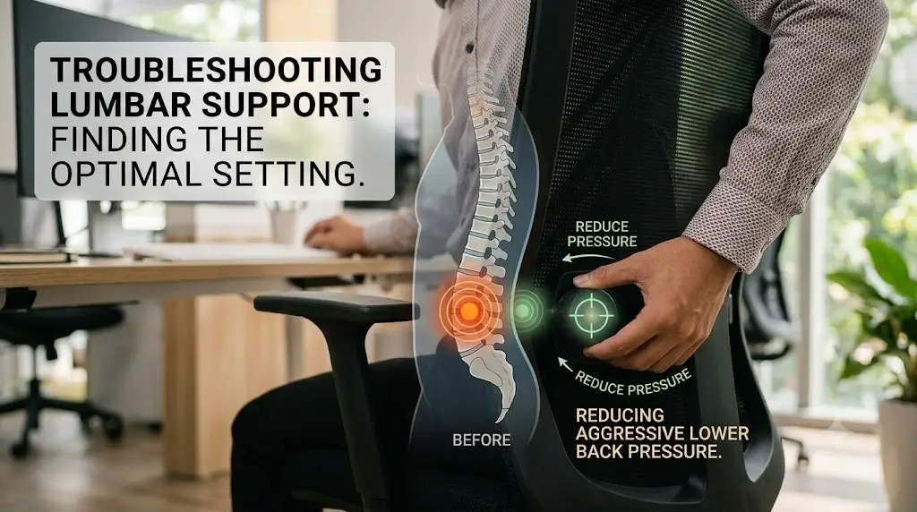 Adjusting office chair lumbar support knob to reduce aggressive lower back pressure