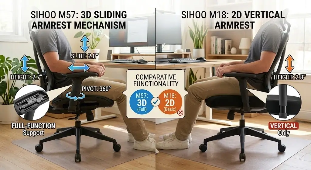 Comparison of Sihoo M57 3D sliding armrest mechanism vs Sihoo M18 2D vertical armrest