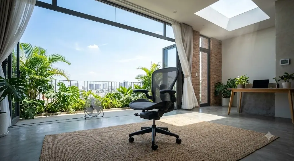 Ergonomic mesh chair placed in an open room with steady air circulation to air dry completely