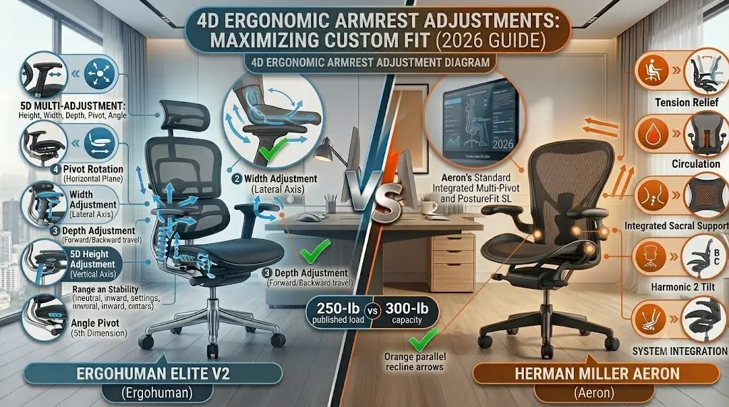 4D ergonomic chair armrest adjustment diagram showing height, width, depth, and pivot rotation axes