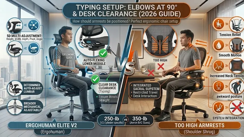 Proper typing posture showing relaxed shoulders, 90-degree elbow angle, and armrests clearing the desk edge