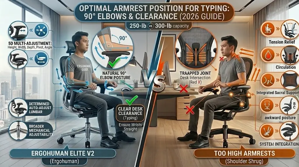 Ergonomic armrest position for typing with elbows at 90 degrees and clear desk clearance