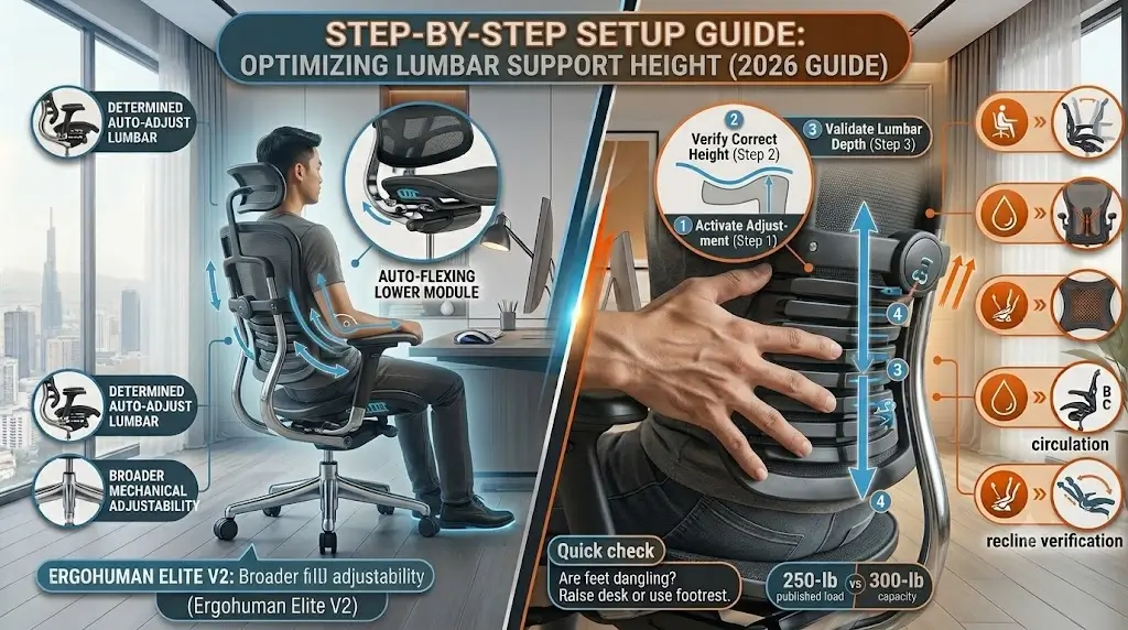 Close-up of a user adjusting the height of the lumbar support on an ergonomic chair