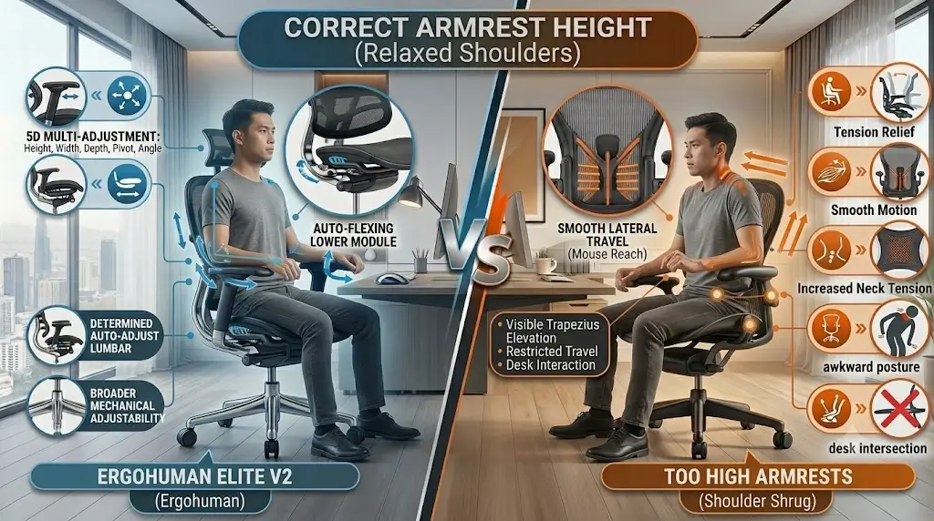 Comparison between correct armrest height with relaxed shoulders vs too high armrests causing shoulder shrug
