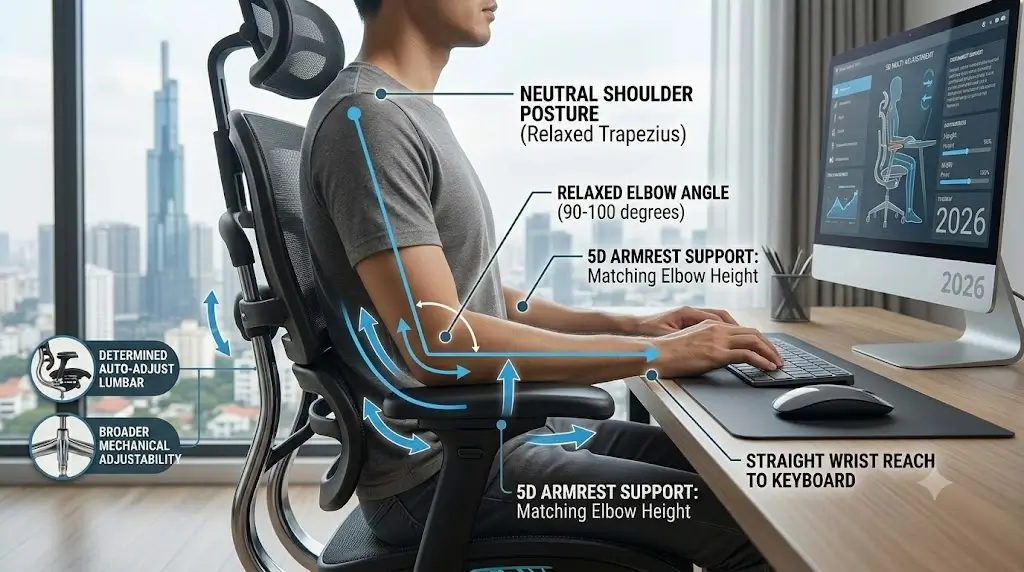 Ergonomic chair armrest positioning guide with neutral shoulder posture and relaxed elbows