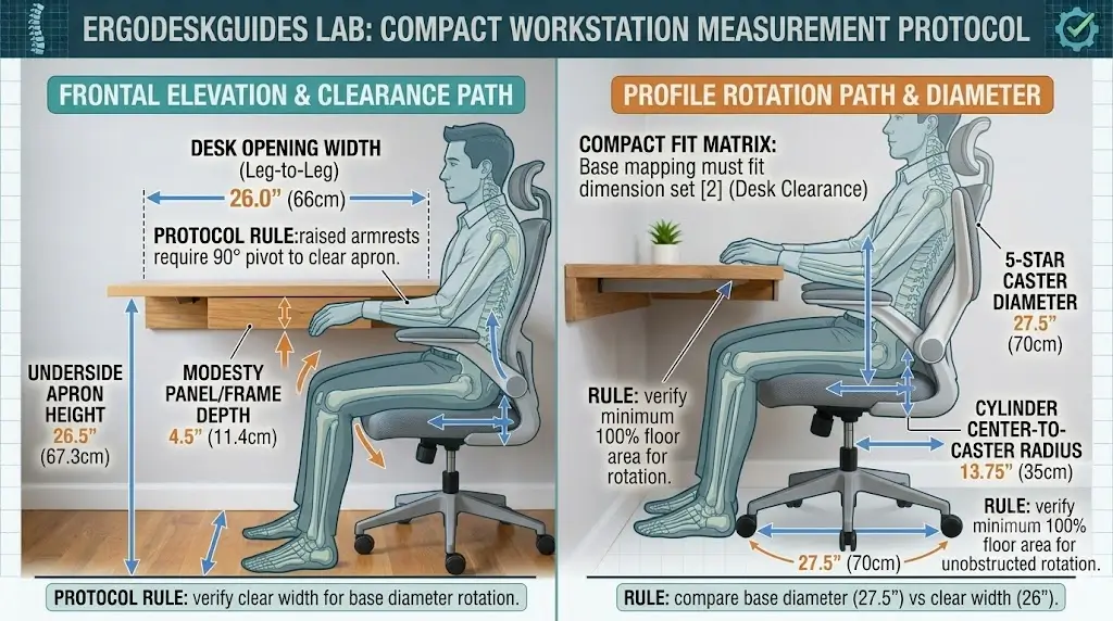 Workstation measurement diagram showing desk opening width underside clearance and chair base diameter