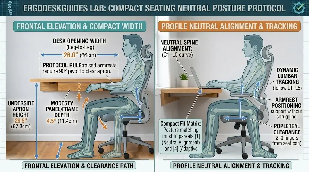 Biomechanical diagram showing neutral spine alignment and lumbar curve positioning in a compact office chair