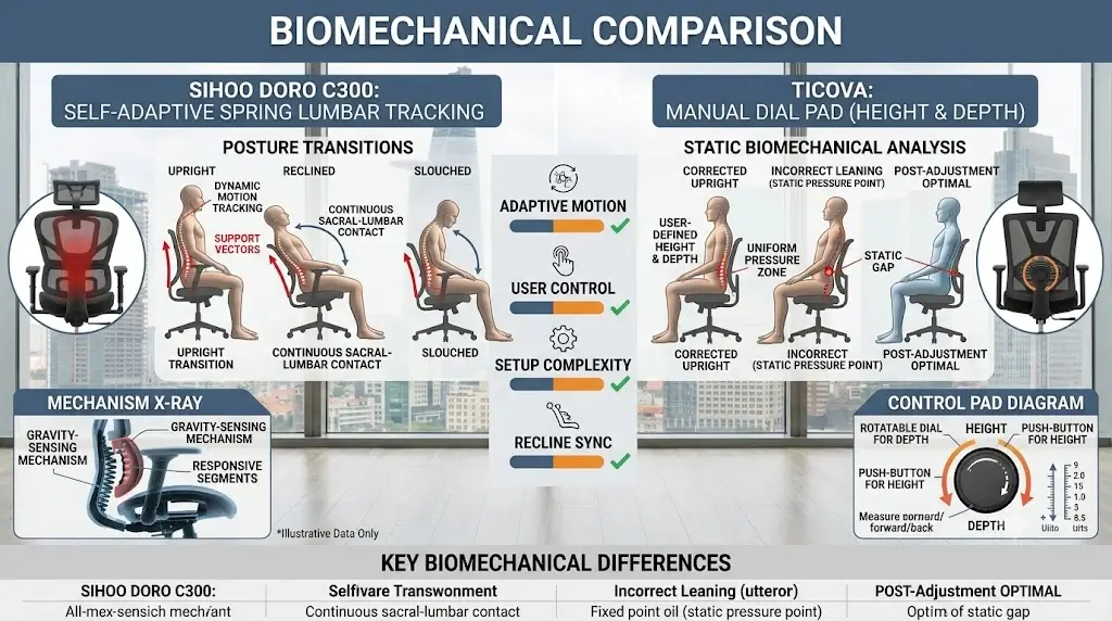 Biomechanical comparison between Sihoo Doro C300 self-adaptive spring lumbar tracking and Ticova manual dial pad