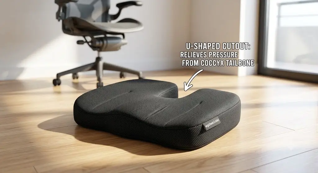 Ergonomic memory foam seat cushion with U-shaped cutout relieving pressure from the coccyx tailbone