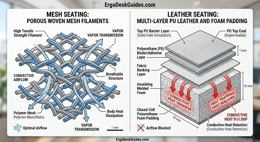Material cross section comparing porous woven mesh filaments to multi-layer polyurethane leather and foam padding