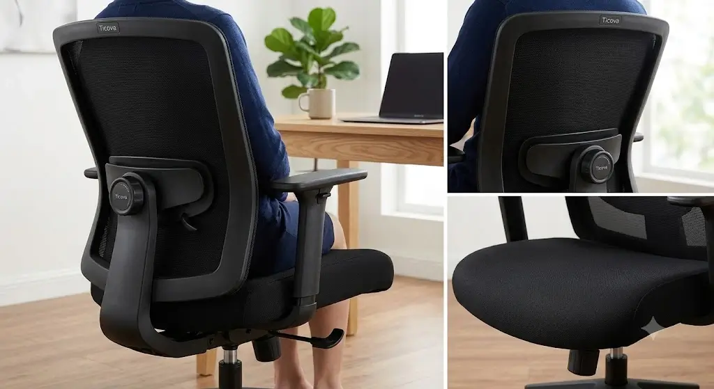 Ticova ergonomic office chair highlighting adjustable lumbar mechanism and waterfall seat cushion