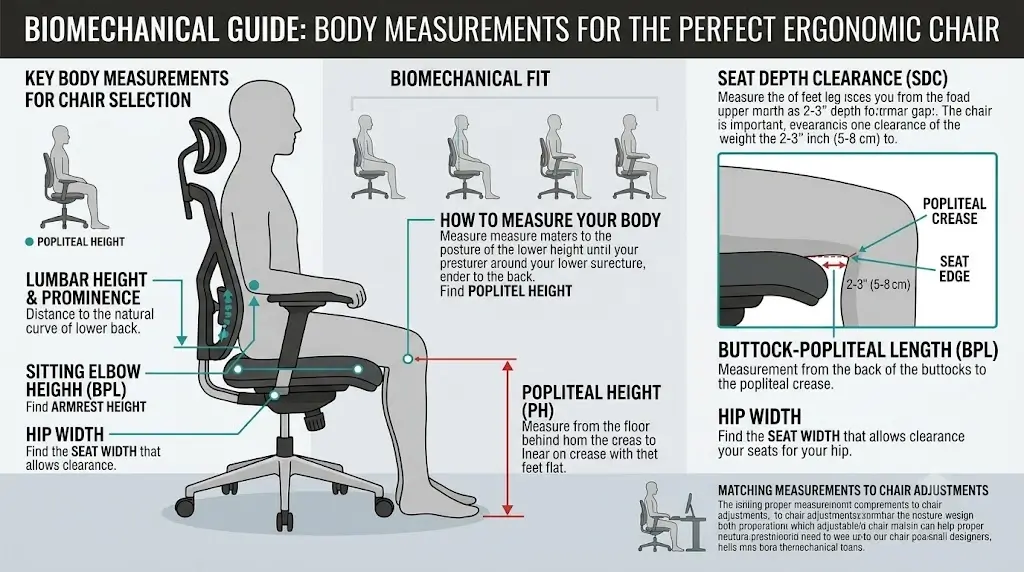 Biomechanical guide showing key body measurements including popliteal height and seat depth clearance for choosing an ergonomic chair