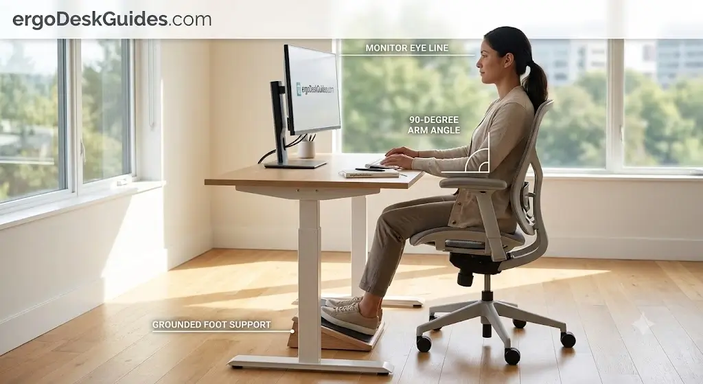 Complete ergonomic workstation setup showing monitor eye line, 90 degree arm angle, and grounded foot support