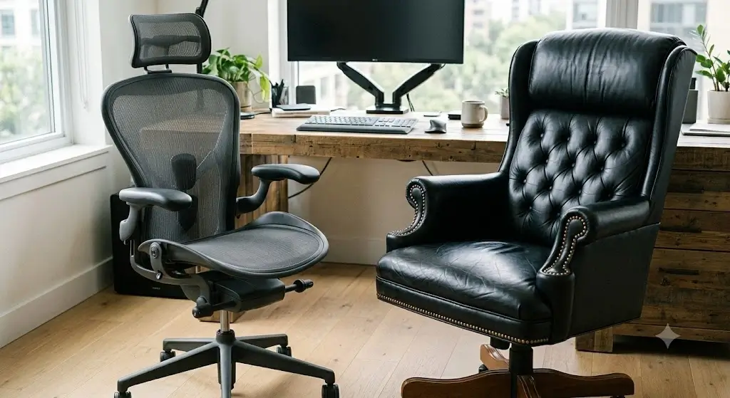 Ergonomic comparison of a modern breathable mesh office chair next to a padded leather executive desk chair