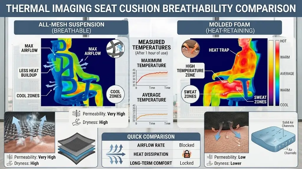 Thermal imaging comparison between all-mesh suspension and molded foam seat cushion breathability