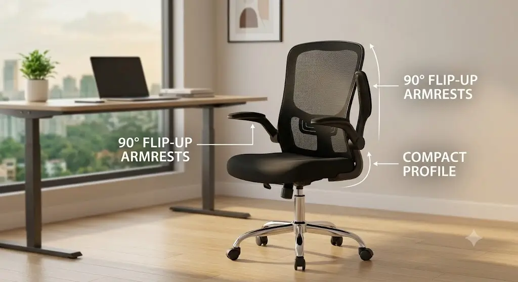 HBADA ergonomic desk chair displaying 90 degree flip-up armrests and compact profile