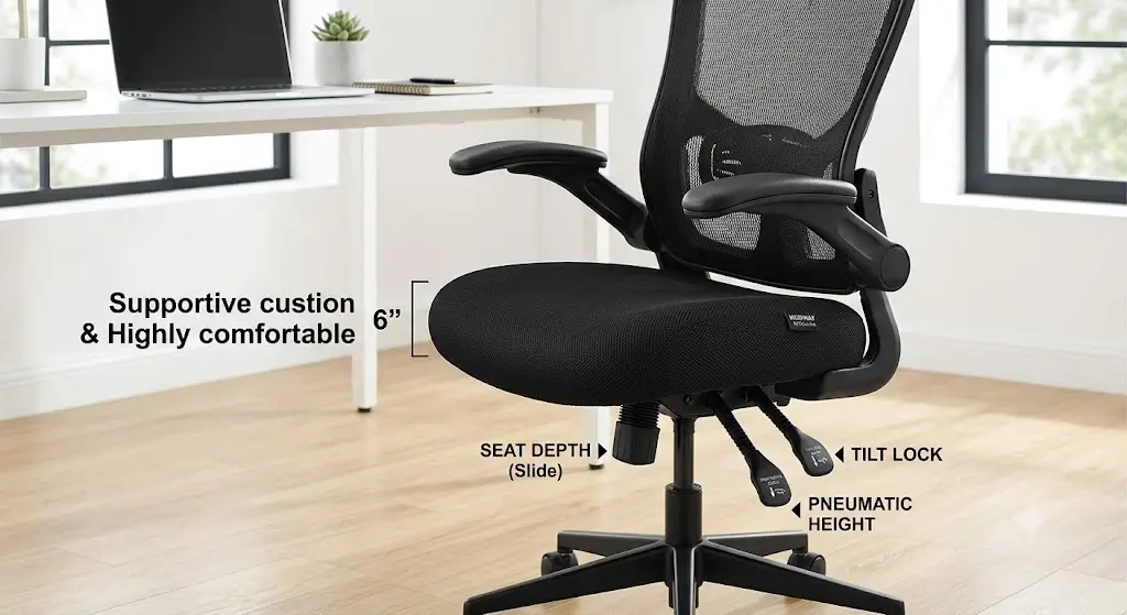 Modway Articulate mesh chair displaying seat depth slider levers and supportive 6-inch cushion