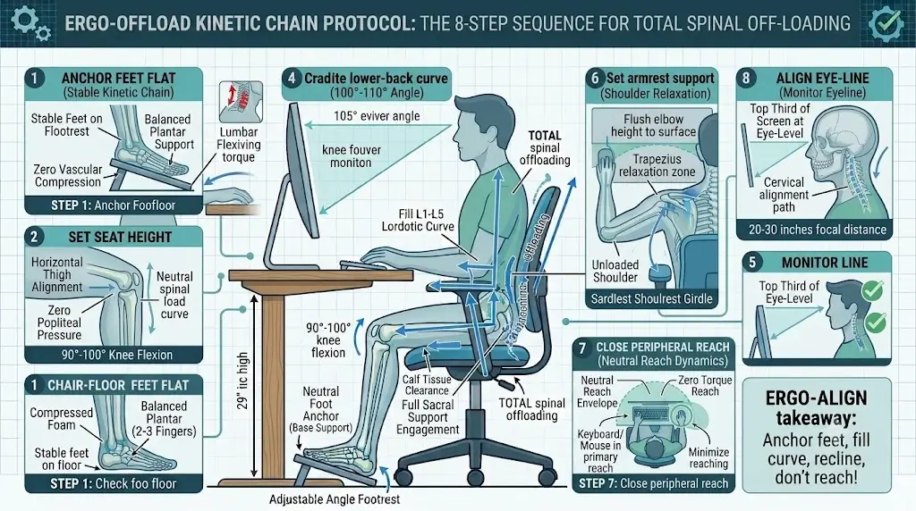 Infographic detailing the 8-step ergonomic chair setup sequence from feet anchor to monitor line