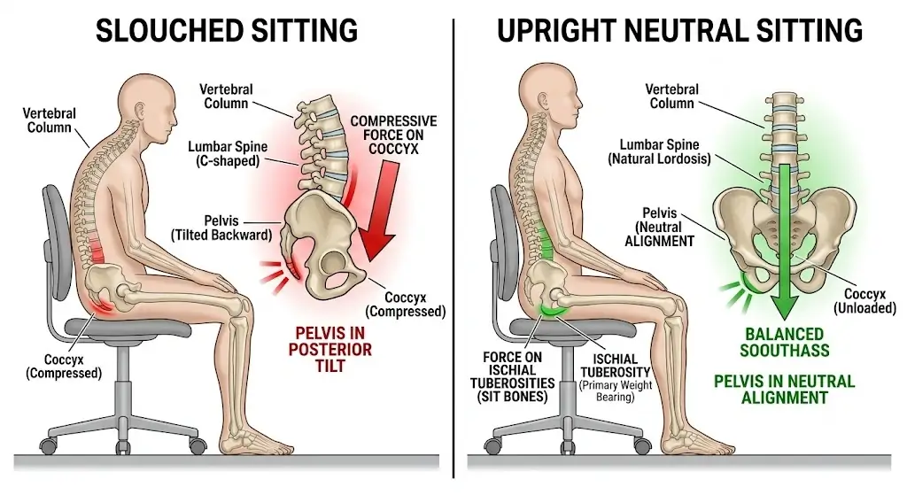 Biomechanical comparison showing slouched sitting with posterior pelvic tilt compressing the tailbone versus upright neutral spinal alignment