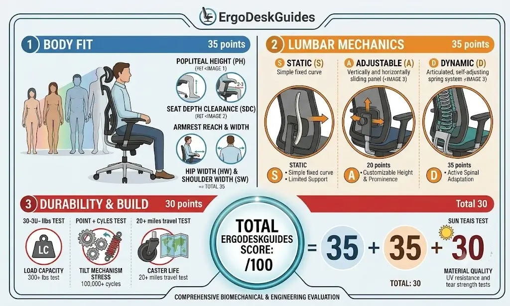 ErgoDeskGuides 100 point ergonomic chair scoring system breaking down body fit, lumbar mechanics, and durability