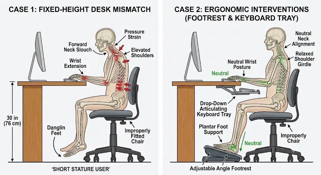 Biomechanical diagram comparing a fixed-height desk mismatch with footrest and keyboard tray interventions