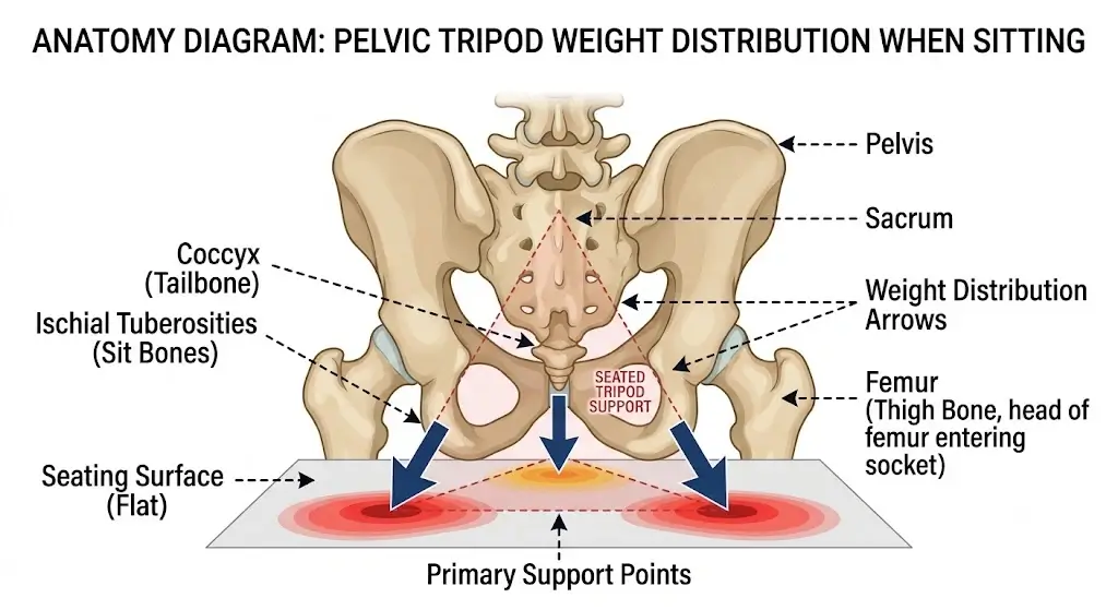 Anatomy diagram illustrating the coccyx tailbone and ischial tuberosities tripod weight distribution when sitting