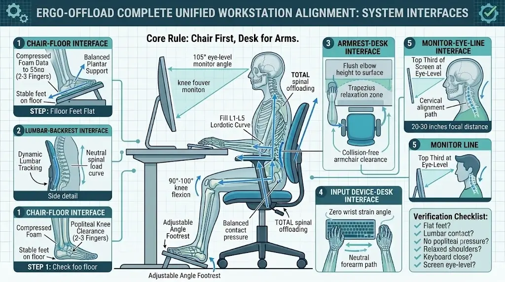 Complete ergonomic workstation alignment showing chair height, lumbar curve positioning, and desk clearance