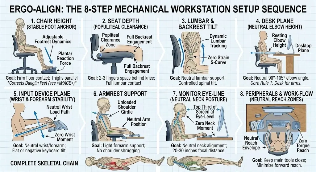 Step-by-step visual roadmap showing the 8-step ergonomic workstation setup sequence