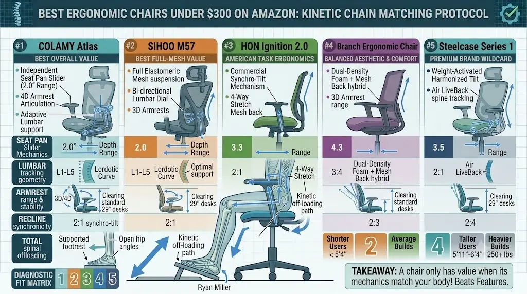Visual comparison chart of the best ergonomic office chairs under 300 dollars on Amazon showing key adjustment specs