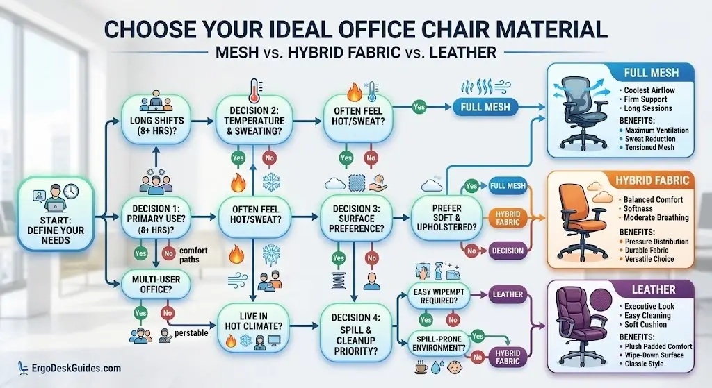 Ergonomic decision tree infographic helping buyers choose between full mesh, hybrid fabric, or leather office chairs