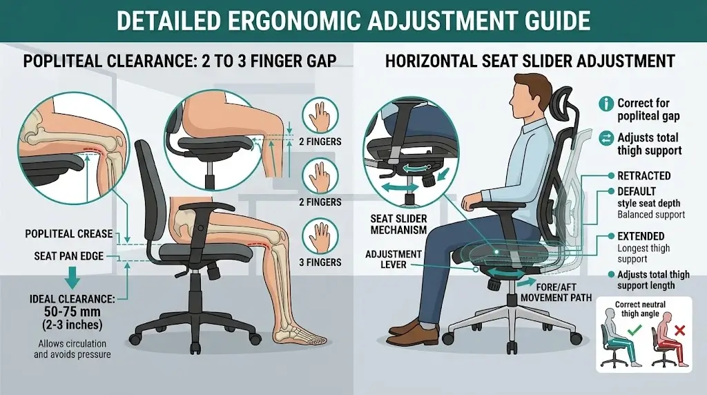 Detailed diagram illustrating 2 to 3 finger gap popliteal clearance and horizontal seat slider adjustment on an ergonomic office chair