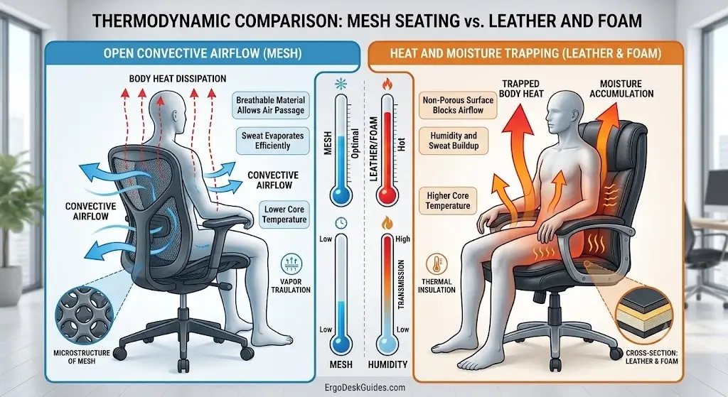 Thermodynamic diagram illustrating open convective airflow through mesh vs heat and moisture trapped by leather and foam