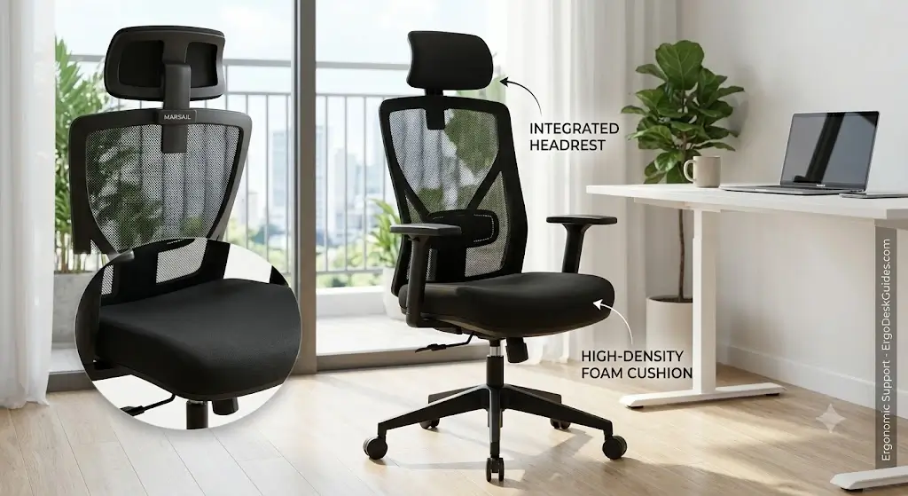 Marsail ergonomic office chair showcasing integrated headrest and high-density foam cushion