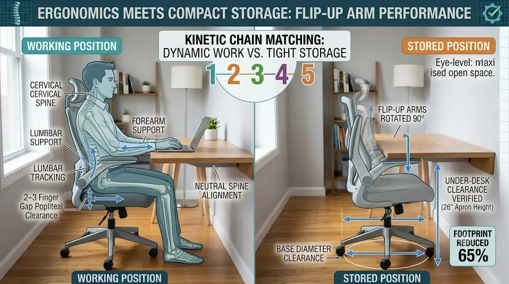 Ergonomic desk chair with flip up arms showing working typing position versus stored position under a compact desk