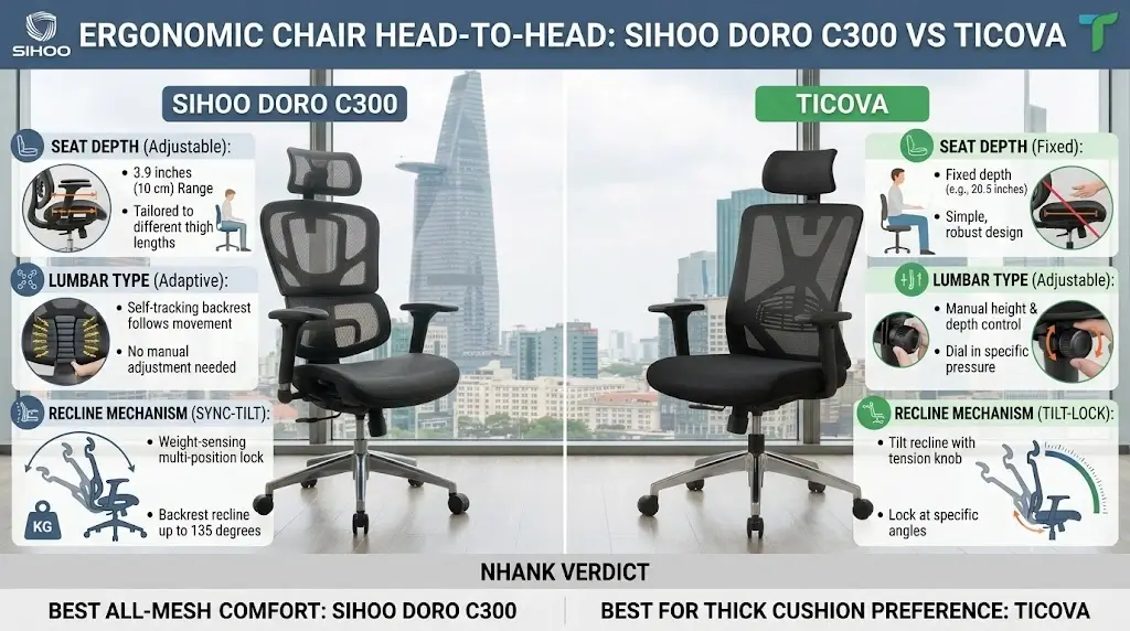 Visual comparison chart between Sihoo Doro C300 and Ticova ergonomic office chairs showing seat depth, lumbar type, and recline mechanism