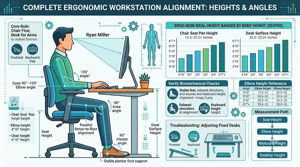 Ergonomic desk and chair height chart diagram illustrating seated body height ratios and angle alignments